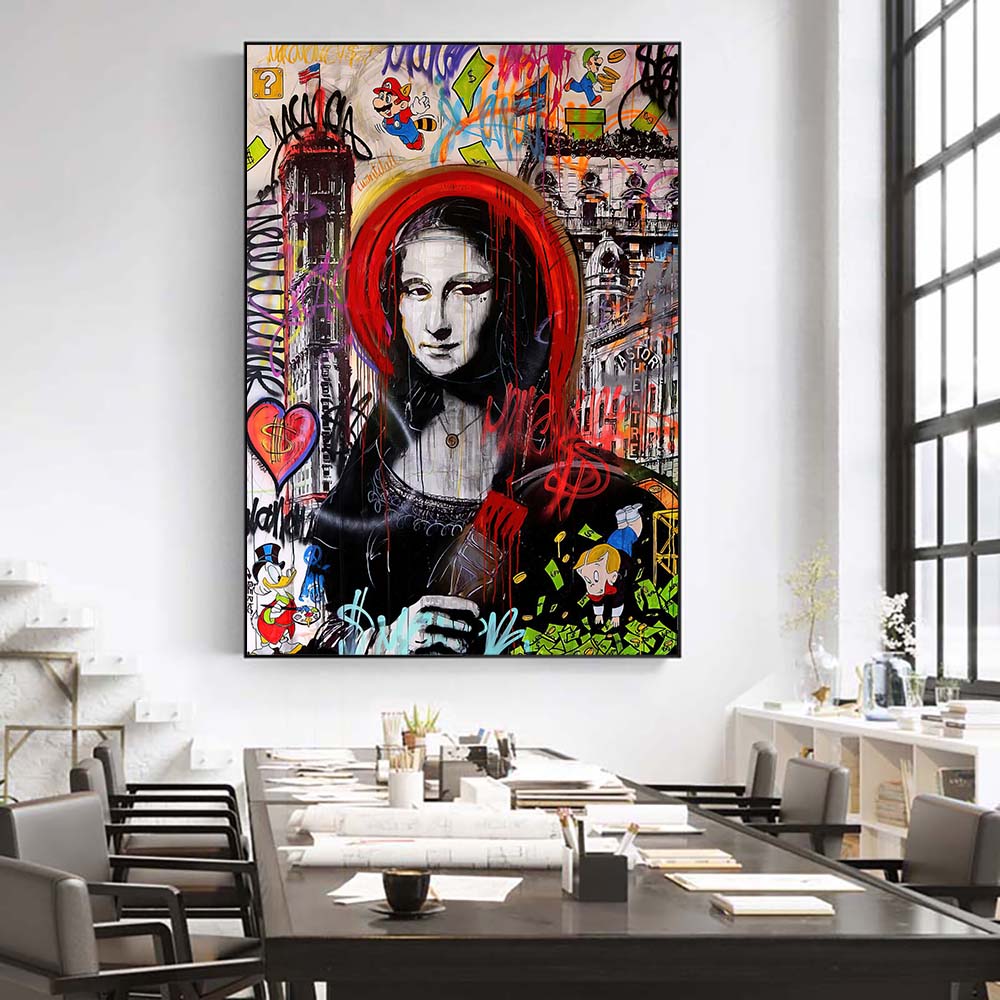 Street Art Canvas Painting Mona Lisa Graffiti BlACK 20x25CM